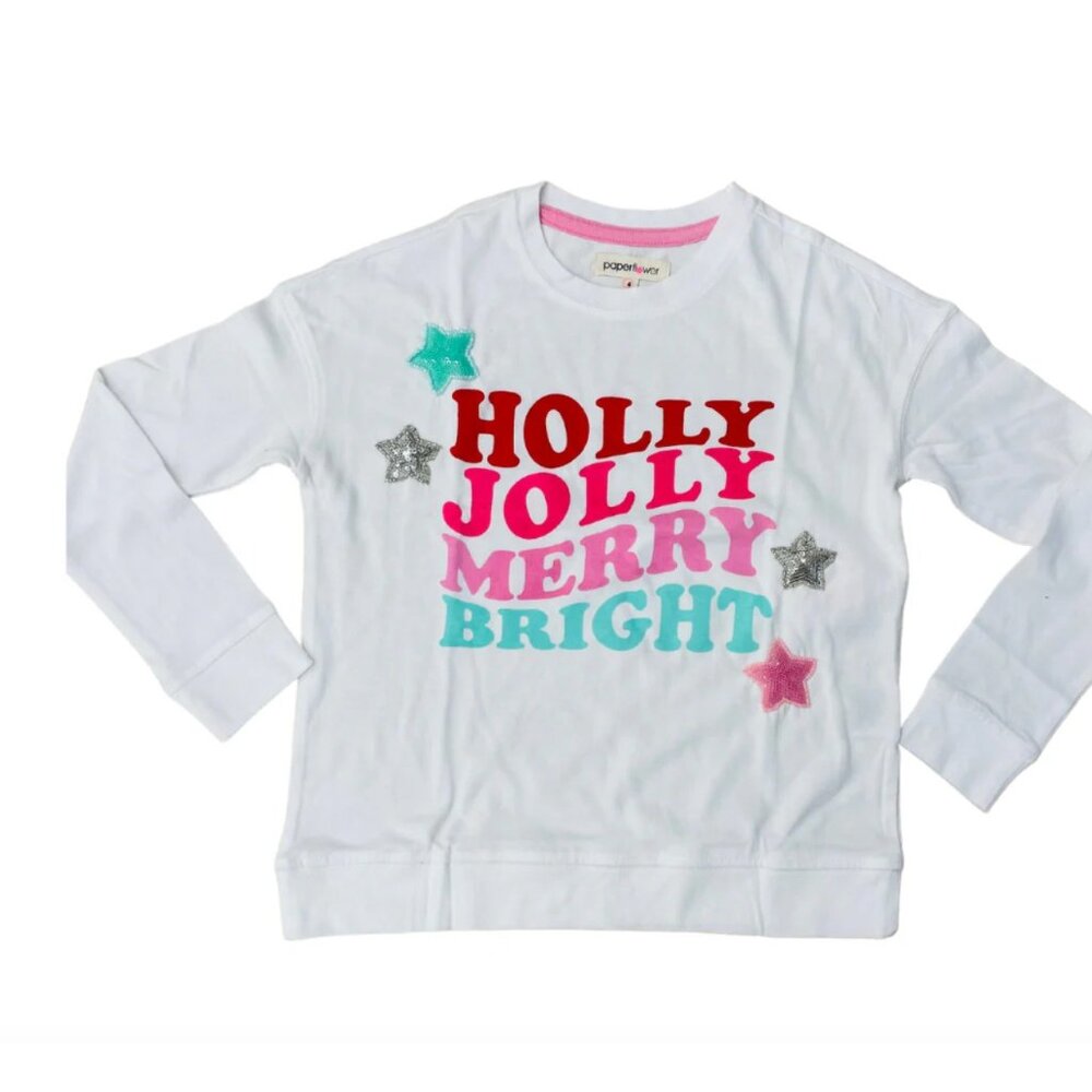 NWT Paper Flower Girls 14 XL Top Shirt Holly Jolly Merry Bright Christmas Sequin